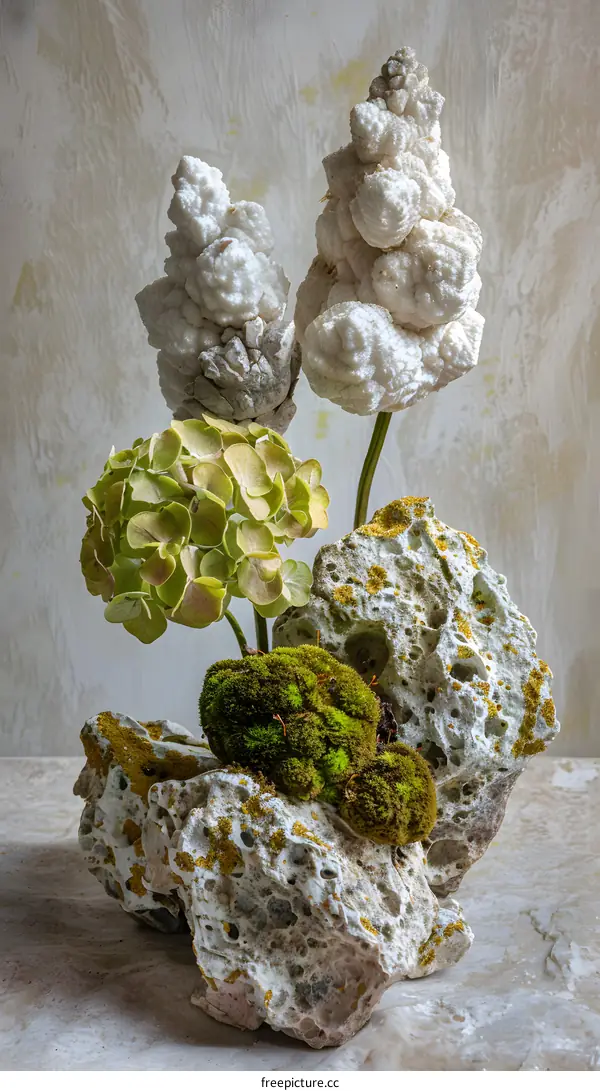Abstract Stone Sculpture with Green Flowers and Moss