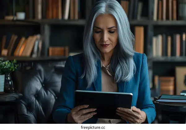 Woman in Blue Suit Using a Tablet in a Library