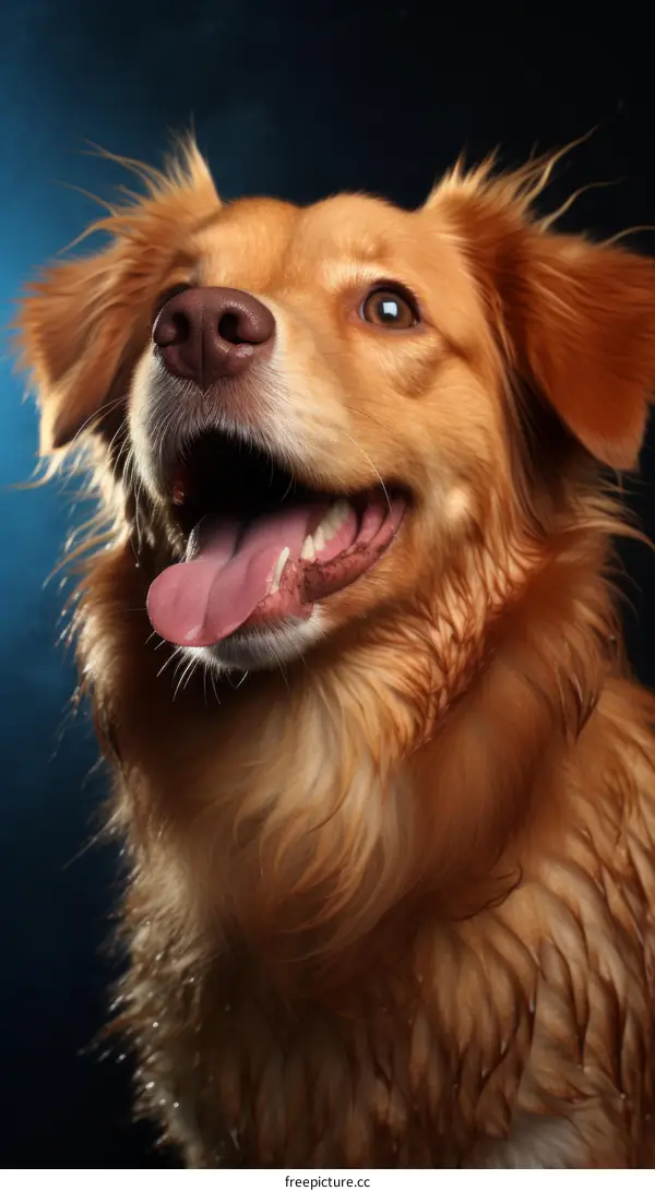 Portrait of a wet brown dog with its mouth open and tongue hanging out