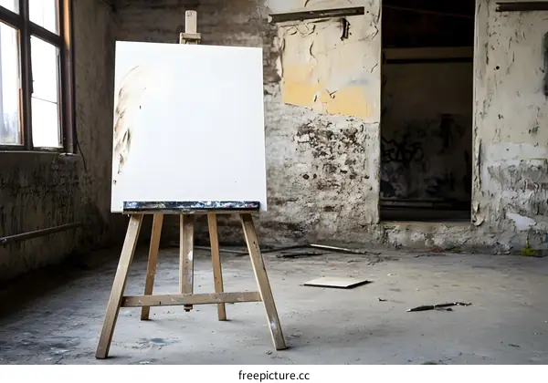 Blank Canvas On Easel In Abandoned Building
