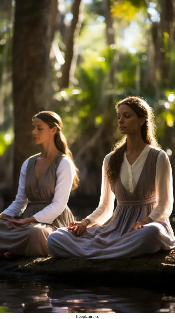 Two women meditating in the forest