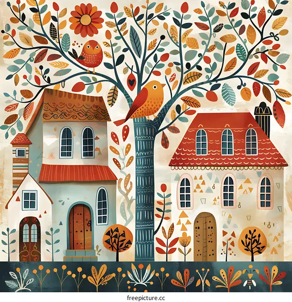 Autumn Illustration with Two Houses and Birds