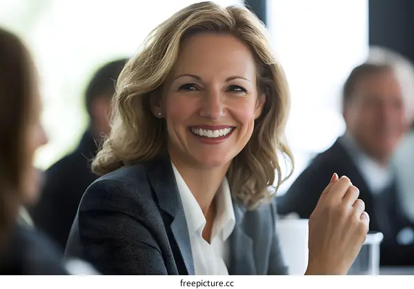 Smiling Business Woman in Meeting with Team