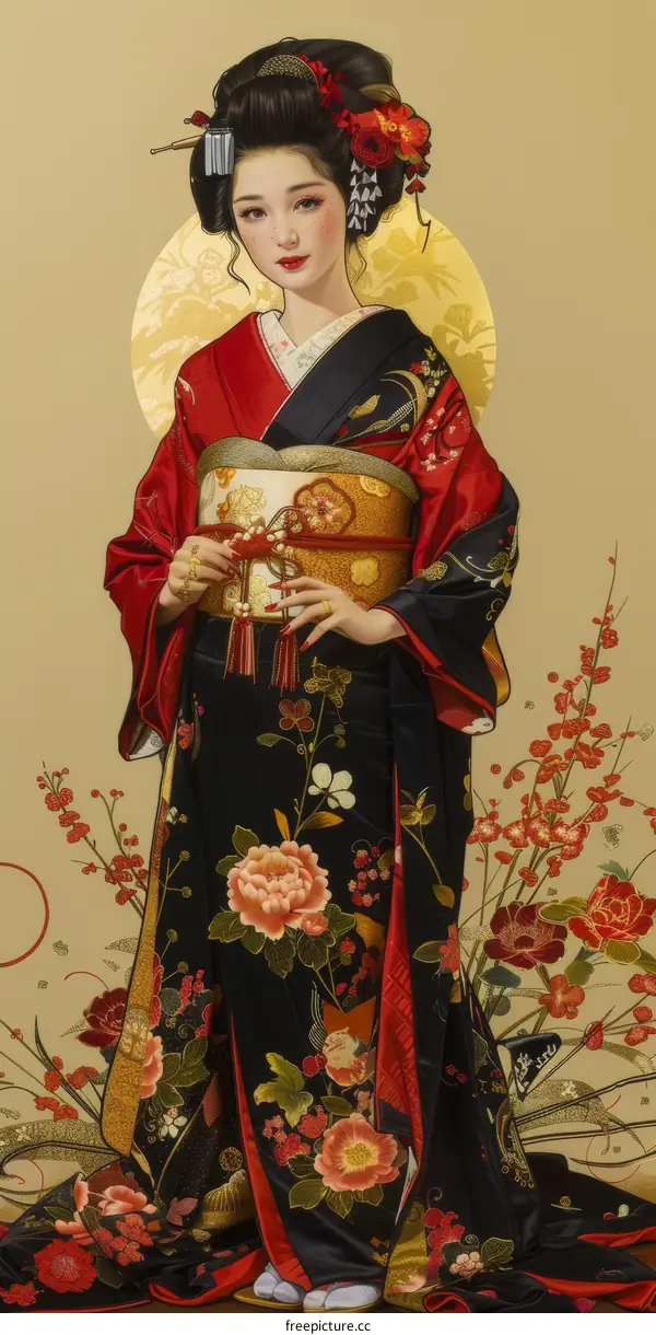 A Japanese woman wearing a kimono with a floral pattern and a red obi