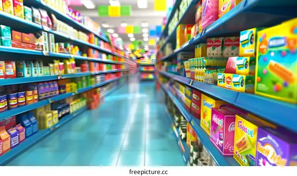 Supermarket Aisle With Colorful Packaging