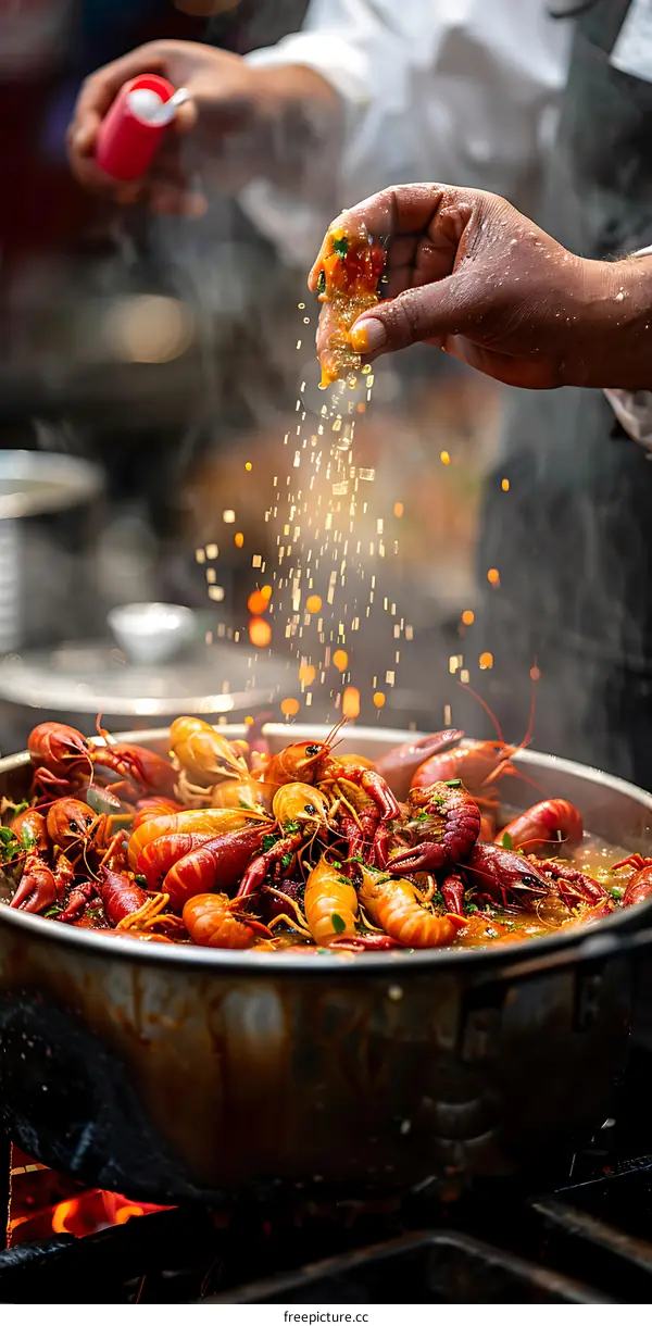 Chef Seasoning a Large Pot of Crawfish