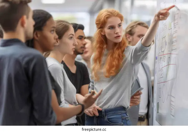 Redhead woman explaining project to diverse group of colleagues