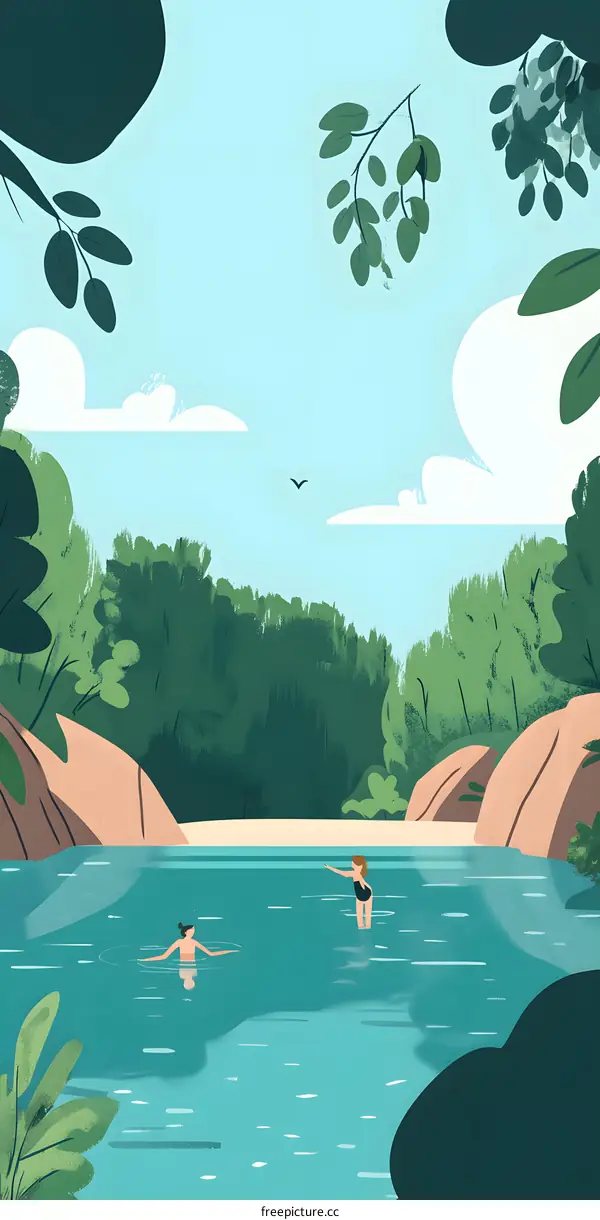 Summer Illustration of Two People Swimming in a Lake
