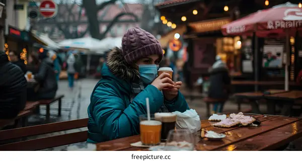 Woman in Blue Jacket Drinking Coffee at Outdoor Cafe