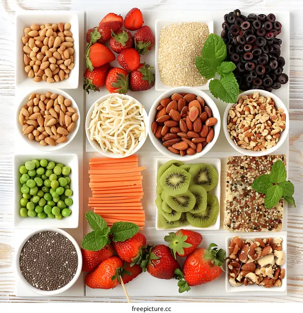 Healthy Food Snack Tray with Nuts, Fruits and Vegetables