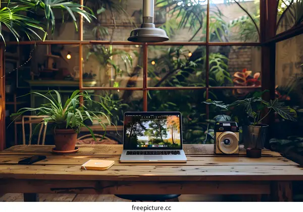 Laptop and Plants on a Wooden Table in a Green Room