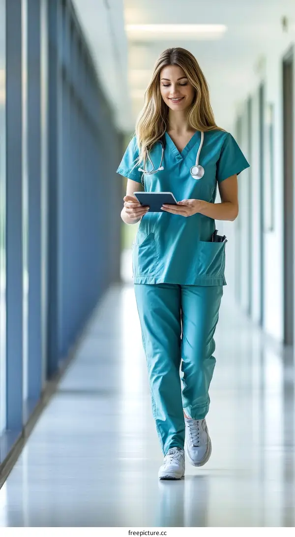 Female Caucasian Nurse Walking in Hospital Corridor with Digital Tablet