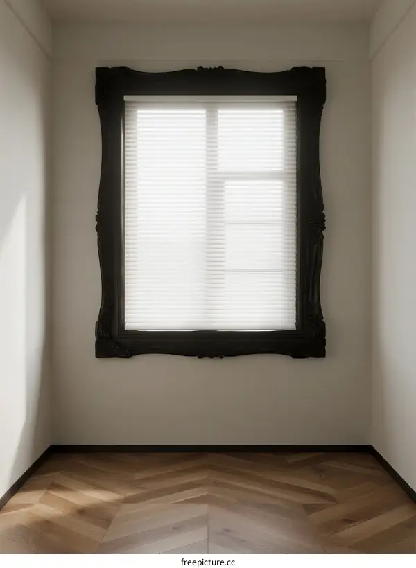A large black framed window with white blinds in a minimal room