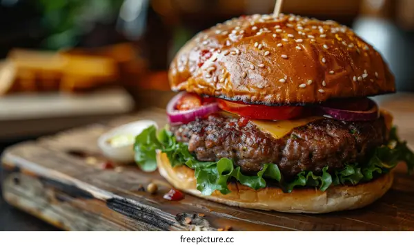 Close-up image of a delicious cheeseburger with lettuce, tomato, onion, and cheese