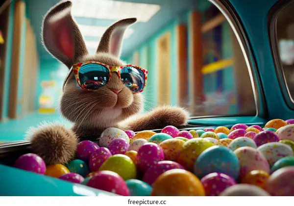 Funny Easter Bunny in Sunglasses with Colorful Eggs