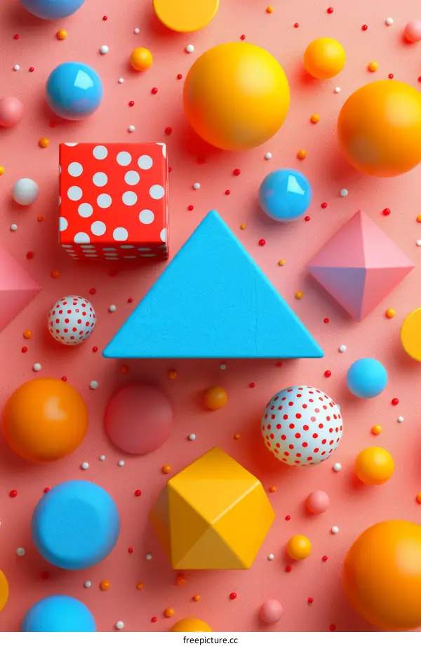 Colorful 3D shapes and polka dots on a pink background