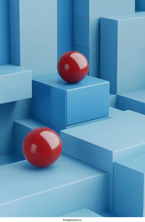 Abstract Red Spheres on Blue Geometric Platforms