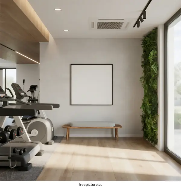 Modern gym room with exercise equipment and green wall
