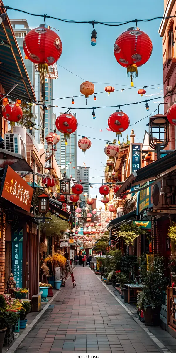 A narrow alleyway in a traditional Chinese town with red lanterns hanging overhead