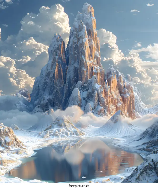 The majestic mountain is covered with snow