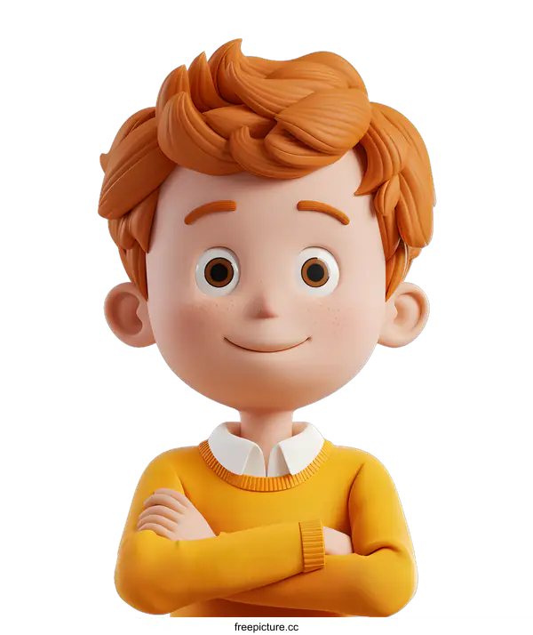 [Transparent Background PNG]Smiling Cartoon Boy with Orange Hair and Yellow Sweater