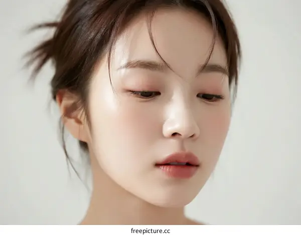 Close-up portrait of young woman with natural makeup and soft expression