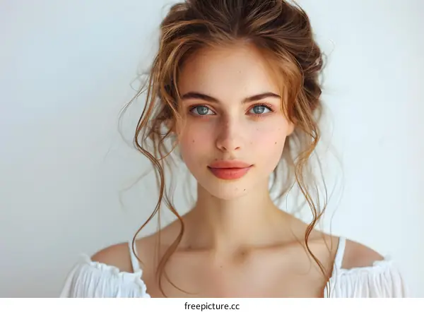 portrait of a beautiful young woman with freckles and blue eyes