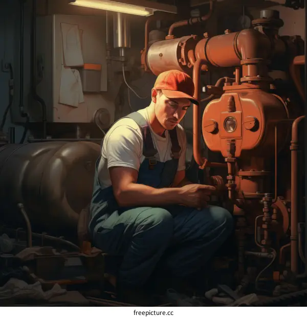 A worker wearing a red hat and blue overalls is repairing a machine in a factory