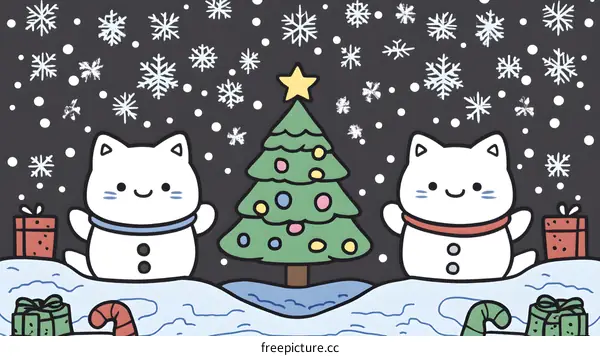 Cute Cats Celebrate Christmas with Snowman