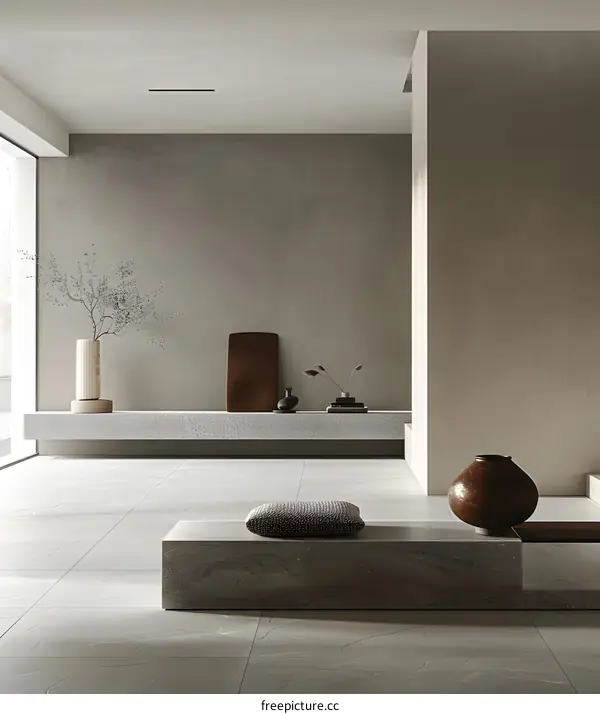 Minimalist Interior Design with Grey Tile Flooring and Wooden Bench