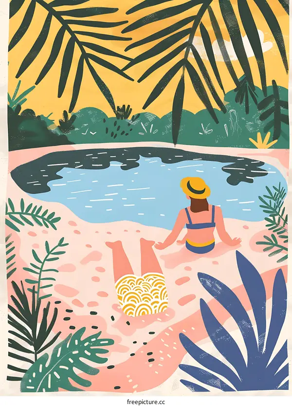 Tropical Vacation Illustration with Two People by Pool