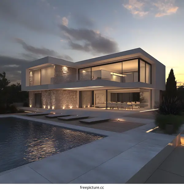 Modern Luxury Villa with Swimming Pool and Sunset Sky