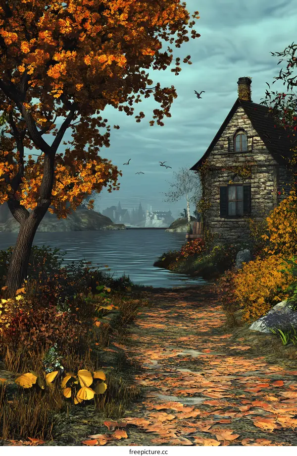 Autumn Landscape with Stone Cottage and Distant City