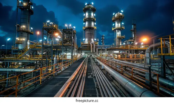 Oil and gas processing plant with pipelines and flare stack at night