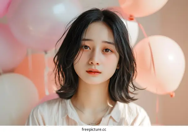 Young Asian Woman with Short Black Hair and Pink Balloons