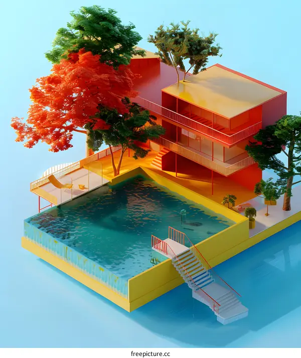 Minimalist 3D Illustration of a Modern House with a Swimming Pool