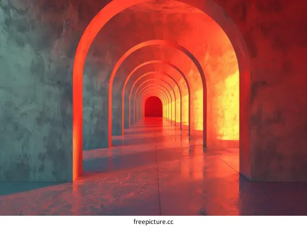 Futuristic Concrete Corridor Illuminated by Red Neon Lights