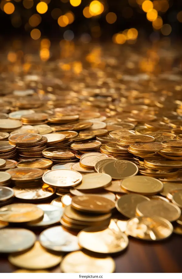 Pile of gold coins with blurred yellow lights background