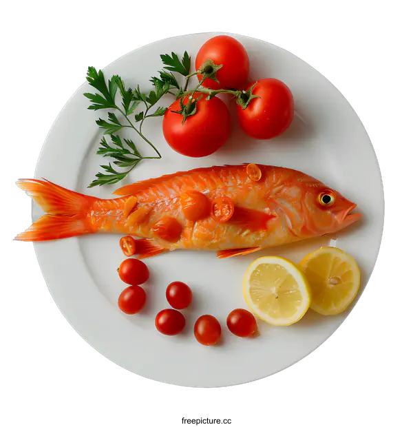 [Transparent Background PNG]Red fish on plate with tomatoes and lemon