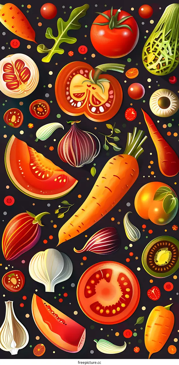 Vibrant Colorful Illustration of Fresh Fruits and Vegetables