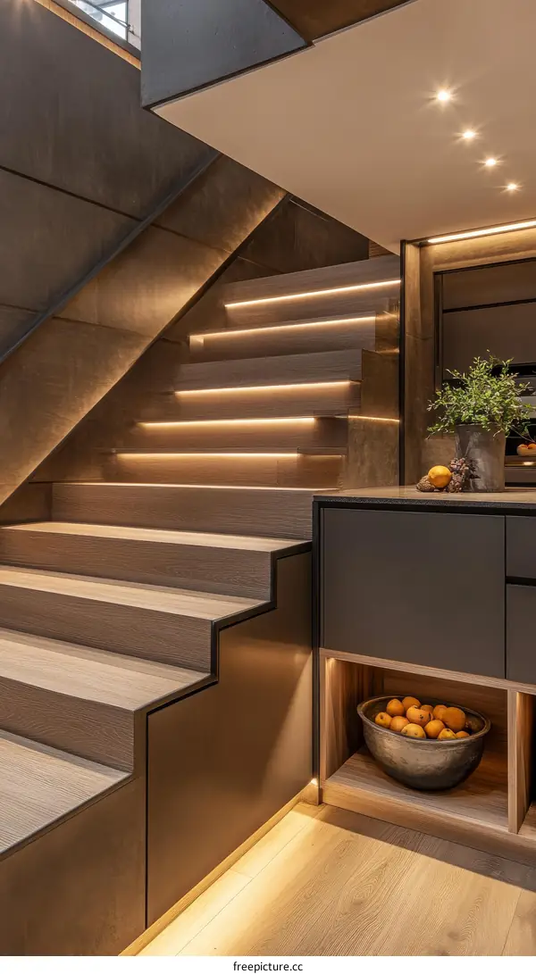 Modern Wooden Staircase with Integrated Lighting
