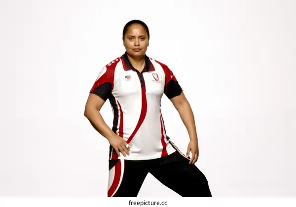 Portrait of a female athlete in a white and red tracksuit