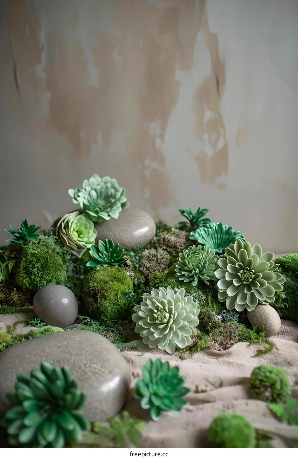 Green Succulents and Stones on a Beige Background