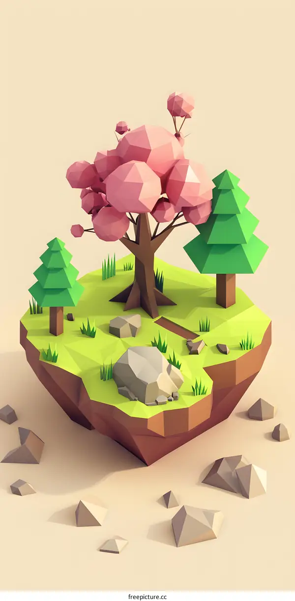 Low Poly 3D Illustration of a Floating Island with Trees and Rocks