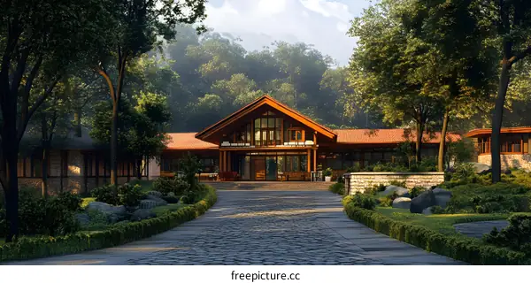 Modern Wooden House Design with Stone Path in the Woods