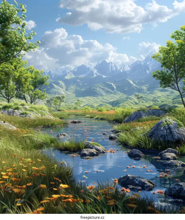 Tranquil Mountain Stream in Lush Valley