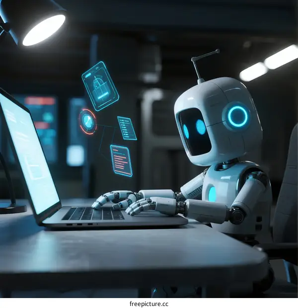 Robotic Assistant Working on Laptop with Digital Interface