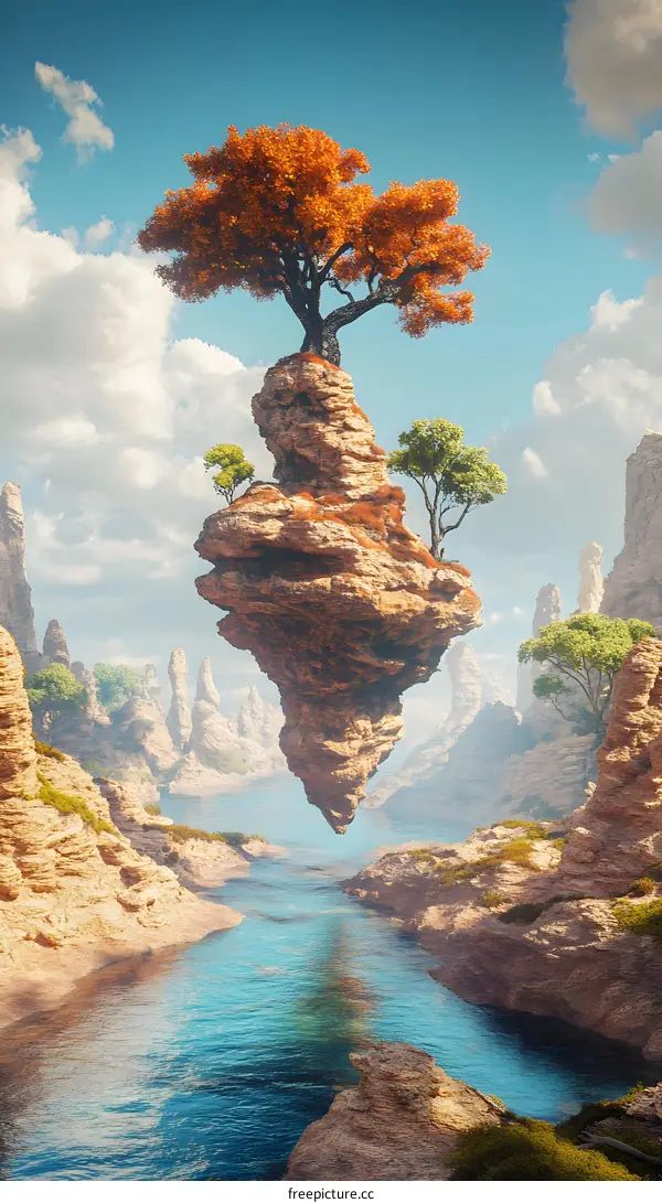 Floating Rock With Tree In Canyon Fantasy Landscape