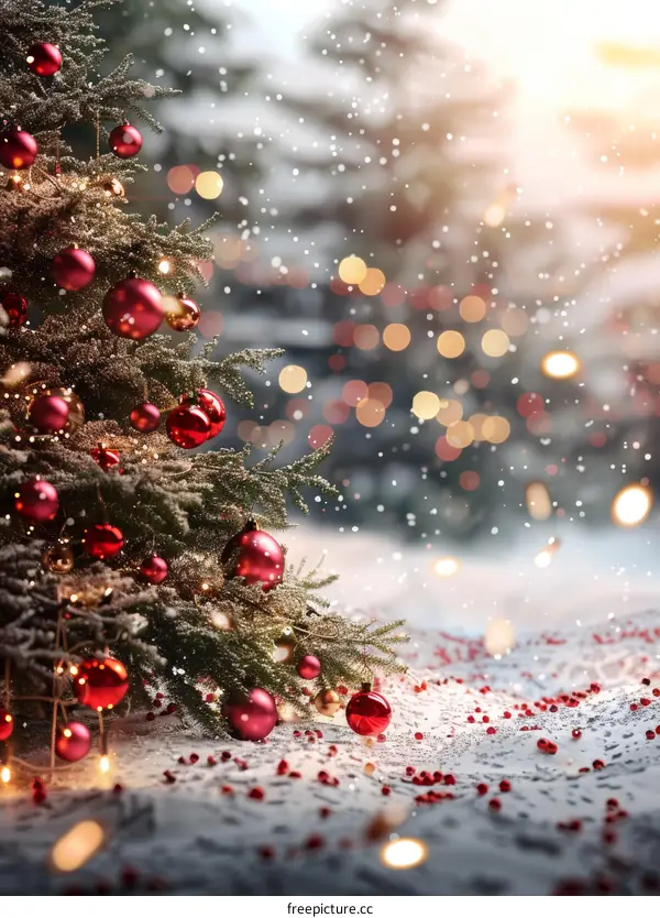 Snowy Christmas Tree Scene with Decorations