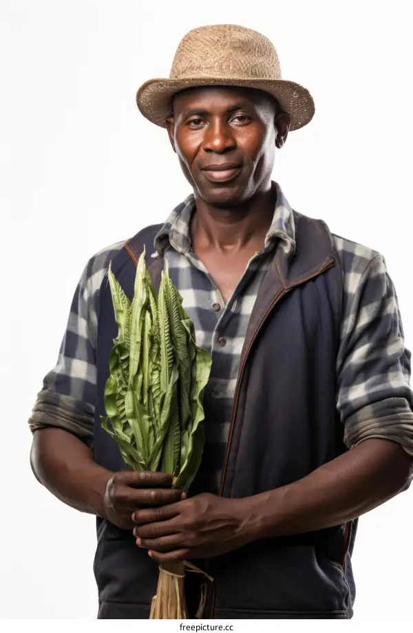 Portrait of a smiling African male farmer holding a bunch of green vegetables